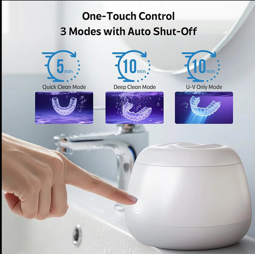 KOREL ultrasonic cleaner showing 5-minute quick clean, 10-minute deep clean and UV mode